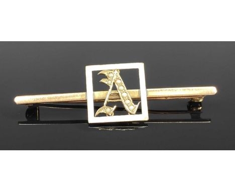 EDWARDIAN 9CT ROSE GOLD SEED PEARL AND ENAMEL DECORATED MONOGRAM 'A' BROOCH, 2.7gmsProvenance: private collection Pembrokeshi