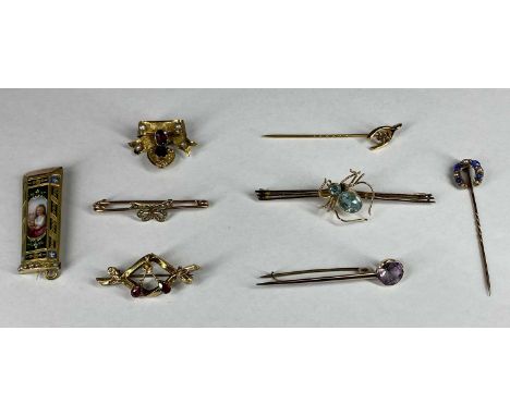 EIGHT VARIOUS STONE SET GOLD/YELLOW METAL BROOCHES & STICK PINSProvenance: private collection Denbighshire