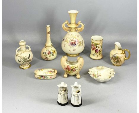 ASSORTED ROYAL WORCESTER CERAMICS including 'blush ivory' two handled vase painted with floral sprays, puce mark No 1327, 23c