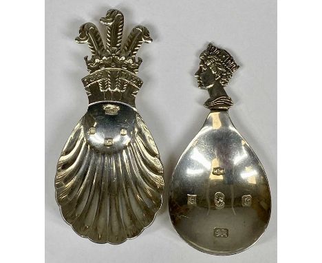 TWO COMMEMORATIVE SILVER CADDY SPOONS, Elizabeth II with jubilee portrait, Mappin & Webb, Birmingham 1977 and Roberts & Belk,