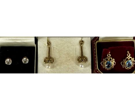 THREE PAIRS OF 9CT GOLD EARRINGS including aquamarine drop with openwork surround, pearl drop and solitaire, 7.5gms grossProv