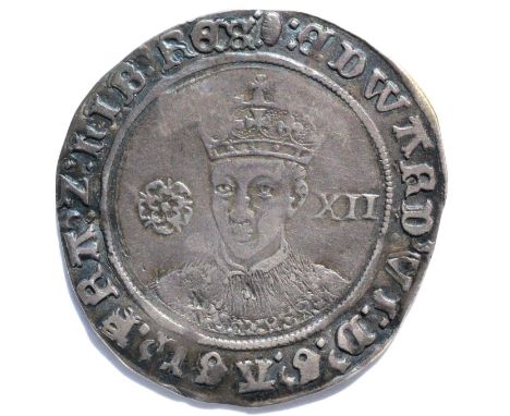 Edward VI Shilling, third period fine silver issue (1551-1553) MM tun; obv. facing bust with rose & value XII; full, round fl