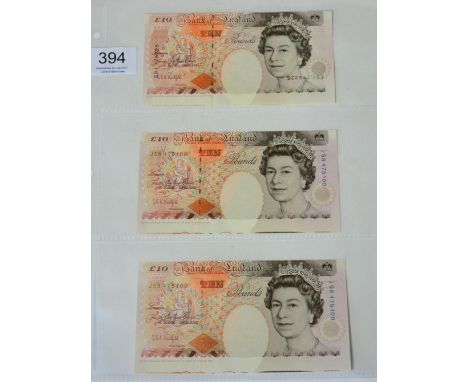 Bank of England Error Notes: 3 x £10 Kentfield Series 'E' Historical issue: EO1 vertically misplaced & serial numbers misplac