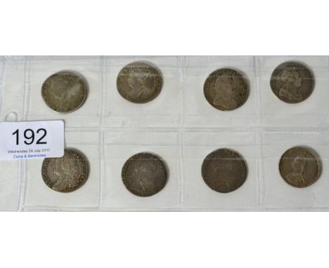 8 x Shillings comprising: 1707E third draped bust Fair/VG, 1711 fourth draped bust, plain in angles, generally good edge & su