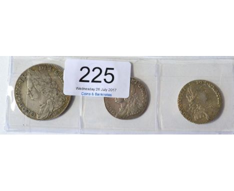 George II Halfcrown 1746 LIMA obv. flecking, good edge, peripheral blue/gold tone GFine/AVF & shilling 1758 scratches in obv 