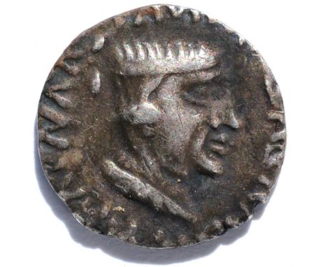 India, Silver Drachm of King Nahapana (Western Satraps), circa 53-99AD; obv. bust of King & Greek legend, rev. Brahmi & Kharo