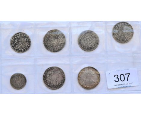 Spain, 4 x 2 Reales comprising: 1717 J Madrid Mint, Philip V, 1718 JJ CA  Cuenca Mint, Philip V GVF, 1758 JB  Madrid Mint Fer