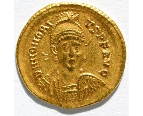 Roman Imperial, Gold Solidus of Honorius (AD 393-423), obv. D N HONORIVS P F AVG around helmeted & cuirassed facing bust hold