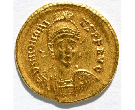 Roman Imperial, Gold Solidus of Honorius (AD 393-423), obv. D N HONORIVS P F AVG around helmeted & cuirassed facing bust hold