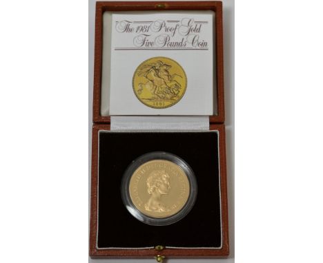 Gold Proof £5 1981, obv. Machin portrait of the Queen, rev. St George & Dragon, 39.94g, 22ct gold, with cert, in leather CofI