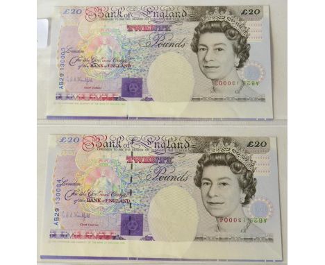 Bank of England Error Notes: a consecutively numbered pair of £20 Kentfield Series 'E' Historical issue AB29 130003 & AB29 13