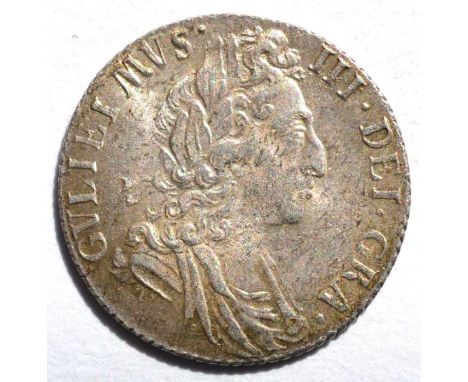 William III Sixpence 1697, third draped bust, later harp, large crowns, GVLIEIMVS instead of GVLIELMVS, faint adjustment mark