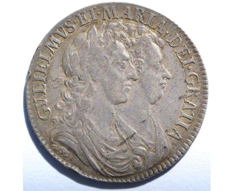 William & Mary Halfcrown 1689 PRIMO first busts, first crowned shield, crown with caul frosted & with pearls, obv. flecking &