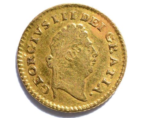George III, Third Guinea 1800, first laureate head, 2.77g, digs in rev field & flan slightly bent o/wise Fine