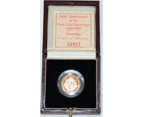 Proof Sovereign 1989 '500th Anniversary of the First Gold Sovereign 1489 - 1989,' with cert, encapsulated, in CofI, FDC