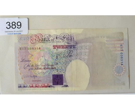 Bank of England Error Note: £20 Kentfield, Series 'E' Historical issue (Nov 1991) serial number E17; obv. no main black & Que