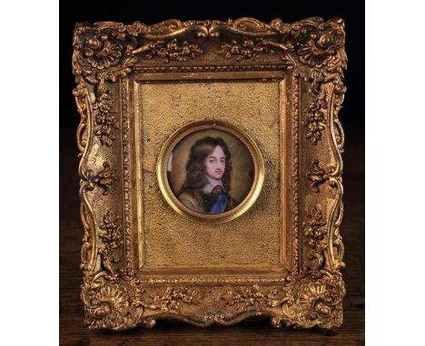 After Adriaen Hanneman. A Fine Antique Miniature Portrait of the Young Charles II based on his work of 1648; the subject wear