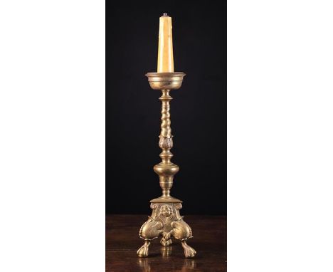 A Flemish Baroque Pricket Candlestick converted to the lamp with faux candle to the dished drip pan above a tapered barley-tw
