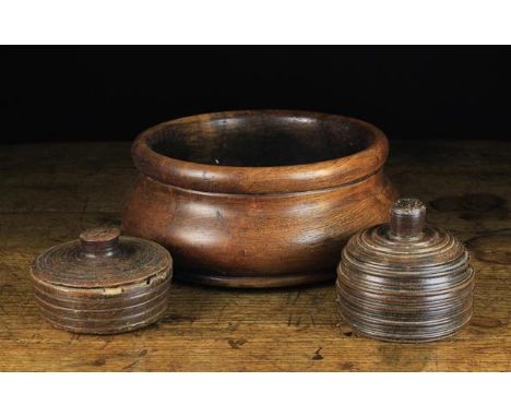 Two 19th Century French Treen Butter Dishes and a Turned Walnut Bowl. The circular butter dishes attributed to the Auvergne, 