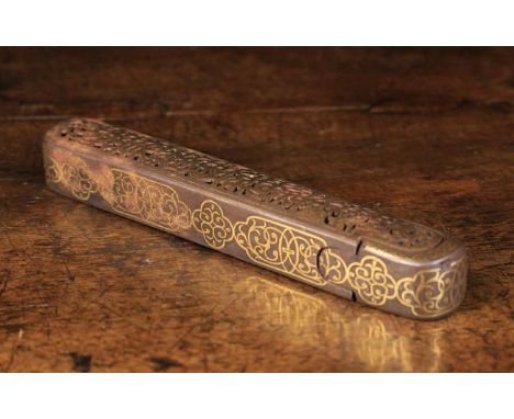 A 19th Century Wrought Iron 'Qalamdan' or Pen-box embellished with gilt inlay and having pierced open-work calligraphy to the