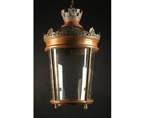 A Large Late 19th Century Copper Lantern, The conical top with hooded air-vents surmounted by a pierced lead crown of crenula