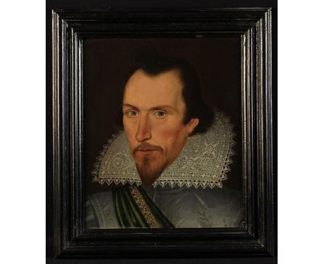 Circle of William Larkin, Circa 1610. A Fine Oil on Oak Panel: Portrait of an Aristocratic Man with beard, wearing an elabora