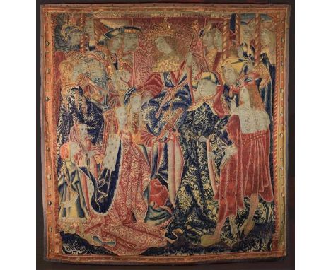 An Early 16th Century Allegorical Tapestry depicting a royal court scene with a King to the centre overseeing the presentatio
