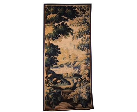 An 18th Century Tapestry Fragment Wall Hanging depicting a landscape with two swans on a lake to the centre beneath a tall ca