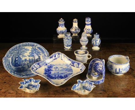 A Group of Decorative 19th Century Blue &amp; White Transfer Printed Pottery (A/F) including six cruets, a diamond shaped dis