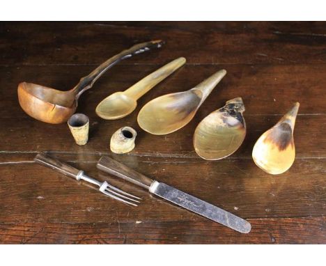 A Small Miscellaneous Collection of mostly 19th Century Horn Domestic Utensils including two horn flour scoops fashioned from