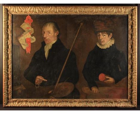 A Large Oil on Pli-wood Panel: A Double Portrait of a man holding an artist's mahl stick &amp; palette in one hand with spect