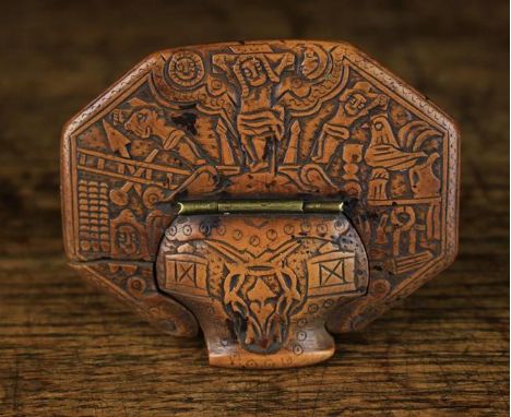 A Fine 18th Century Treen Snuff Box, possibly yew. The lid elaborately carved with Arma Christi ("Weapons of Christ"), or the