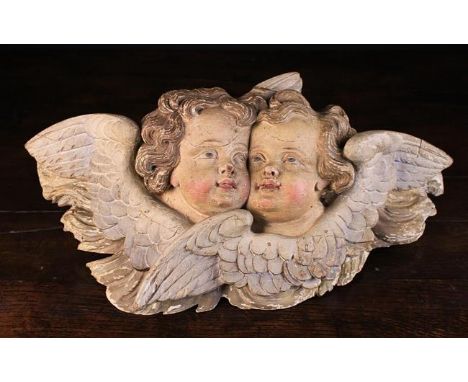 Two 18th Century Carved &amp; Painted Flemish Baroque Wall Brackets: One in the form of two curly haired winged angel heads 1