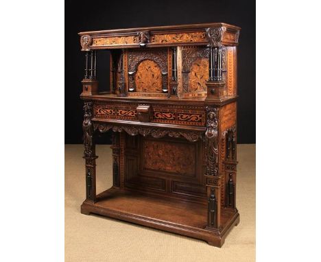 An Early 17th Century &amp; Later Carved Oak &amp; Marquetry Buffet. The canted upper cupboard having arcaded panel door and 