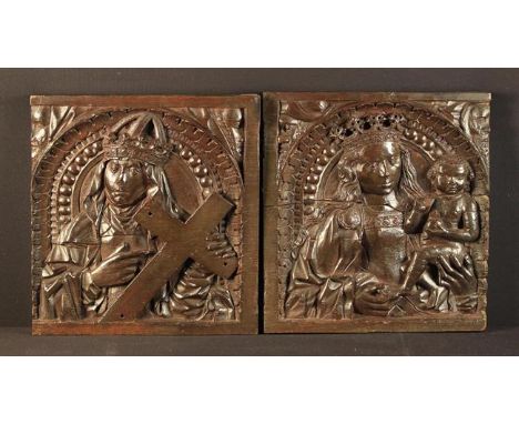 A Pair of Fabulous Early 16th Century Carved Oak Arcaded Panels: One depicting Madonna &amp; Child, the other with a crowned 