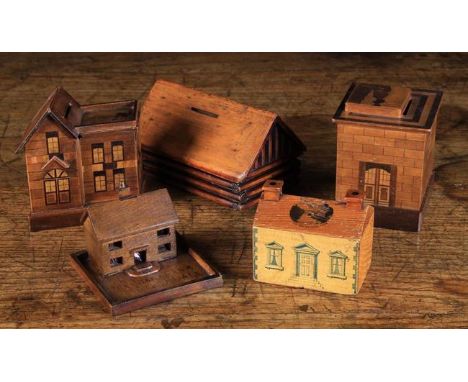 A Group of Five Late 19th/Early 20th Century Wooden Money Boxes in the form of buildings: A square inlaid brickwork tower wit