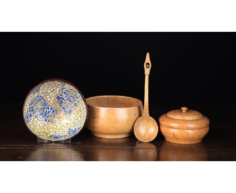 A Late 19th/Early 20th Century Birch Wood Bowl of plain hemispherical shape with flat base and a matching spoon with shallow 