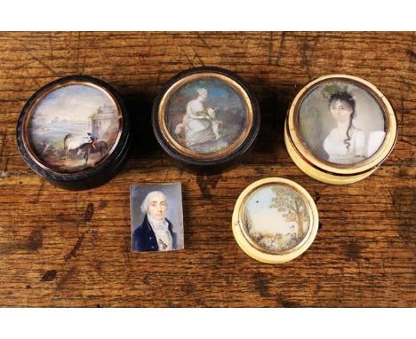 A Group of Four Antique Patch Boxes inset with miniature paintings to the lids: One of turned ebony with tortoiseshell mouldi