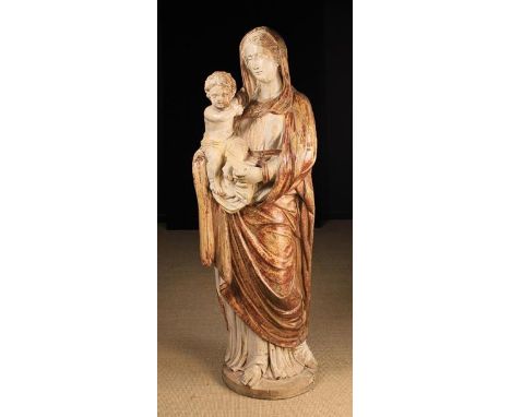 A Baroque, Life-sized Carved &amp; Painted Wood Sculpture of Madonna &amp; Child, Circa 1700. The bare-foot Virgin depicted w