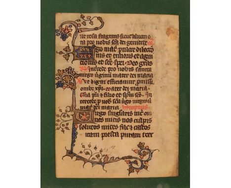 A 14th Century Illuminated Manuscript on Vellum: Page from the book of hours, Circa 1325-45, 4¾" x 3½" (12 cm x 9 cm). In a m