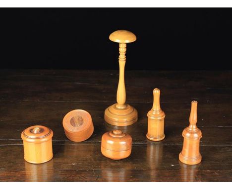 A Group of Six Pieces of 19th Century Box-wood Treen: A turned squat cylindrical box with ring-turned 'button' to the base, t