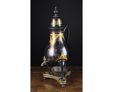 A Late 18th/Early 19th Century Tôleware Samovar of baluster form decorated with swagged strings of gilt beads on a black lacq