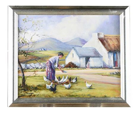 FRAMED OIL.FEEDING CHICKENS SIGNED LOWER LEFT FITZGERALD.OIL ON CANVAS IN SILVER FRAME.18 X 21 INCHES.IN GOOD CONDITION.