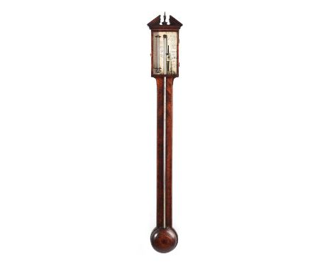 GEORGIAN MAHOGANY INLAID STICK BAROMETER WITH ARCHED TOP.W. WHITE BELFAST.LENGTH: 37 INCHES.WIDTH: 5 INCHES.IN GOOD CONDITION