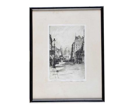 BLACK AND WHITE ENGRAVING BY R. CRESSWELL BOAK A.R.C.A.THE CITY HALL AND DONEGAL PLACE BELFAST FROM ROYAL AVENUE.SIGNED LOWER