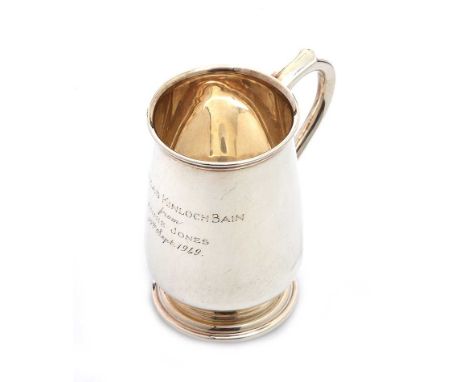 SILVER CHRISTENING MUG ON CIRCULAR ROOT BASE.INSCRIBE DOUGLAS KINLOCH BAIN FROM ANNIE JONES SEPTEMBER 1949. APPROXIMATELY 4 T