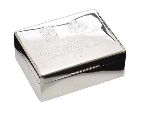 SILVER CIGARETTE BOX.LONDON 1937.INSCRIBED "PROVOST MICHIE OF THE ROYAL AND ANCIENT BURGH OF RENFREW BY THE OFFICERS 13TH BAT