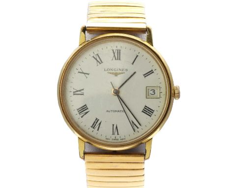 A gentlemen's gold plated Longines automatic bracelet watch,32mm diameter, a white enamel dial with black Roman numerals, bla