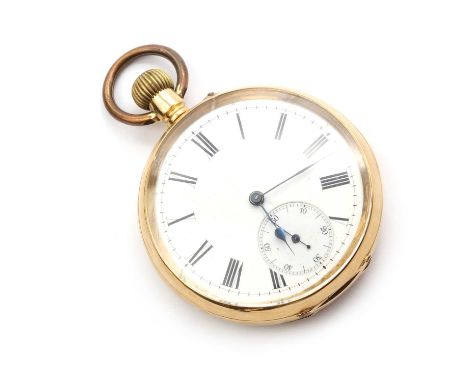 A gold open faced pin set pocket watch, 48mm diameter, with a white enamel dial, black Roman numerals, blued spade hands and 