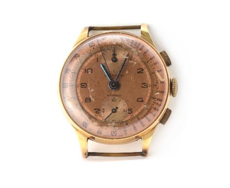 A gentlemen's gold Chronograph Suisse manual wind watch,36mm diameter, with a rose dial with chronograph subsidiary dials, an